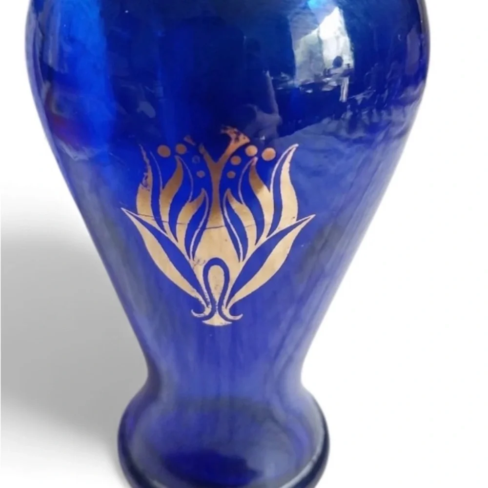 Vintage Avon Cobalt Glass Decanter Blue and Gold Traditional Cottage Collectible